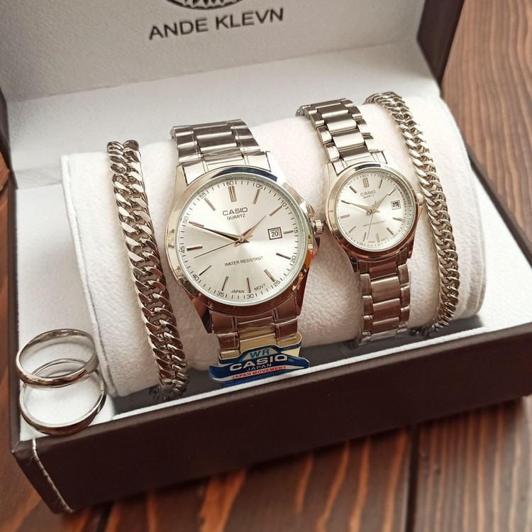 ست ساعت مردونه و زنونه کاسیو casio با دستبند و انگشتر نقره ای ست مردانه و زنانه ، رنگ ثابت