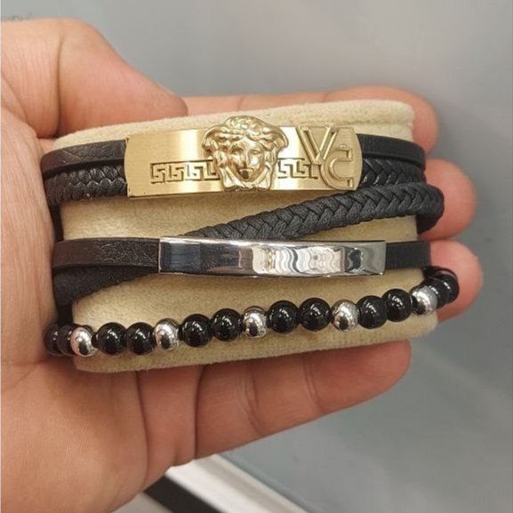 دستبند چرمی قفل و پلاک استیل مردانه طرح رولکس Rolex کیفیت چرم عالی تنوع طرح رنگ ثابت کد bn (پس کرایه)