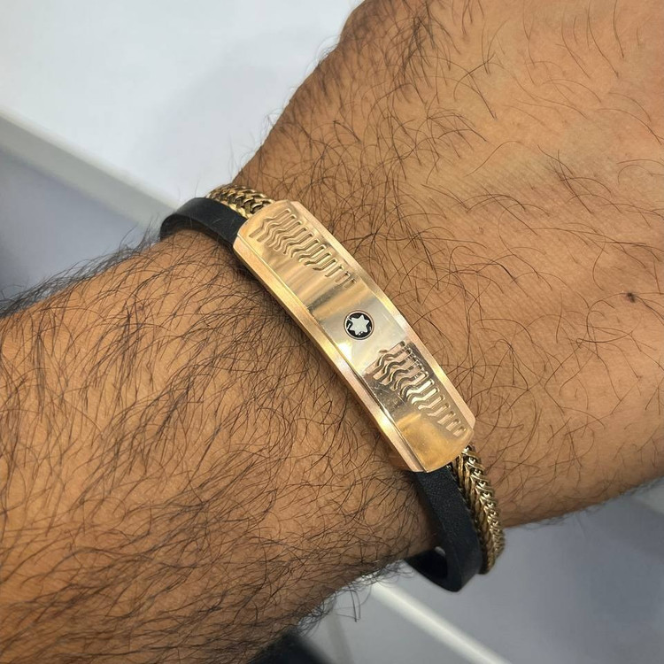 دستبند چرمی قفل و پلاک استیل مردانه مونت بلنک Montblanc کیفیت چرم عالی تنوع طرح رنگ ثابت کدbn (پس کرایه)