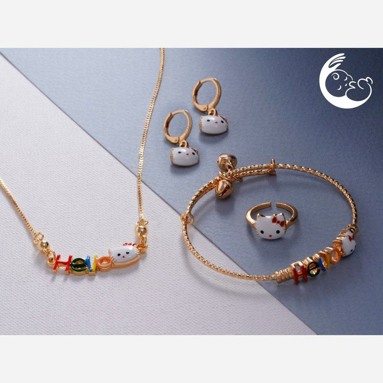 ست سرویس بچه گانه انگشتر-دستبند-گردنبند-گوشواره طرح کیتی فری سایز رنگ ثابت و طرح های دیگر