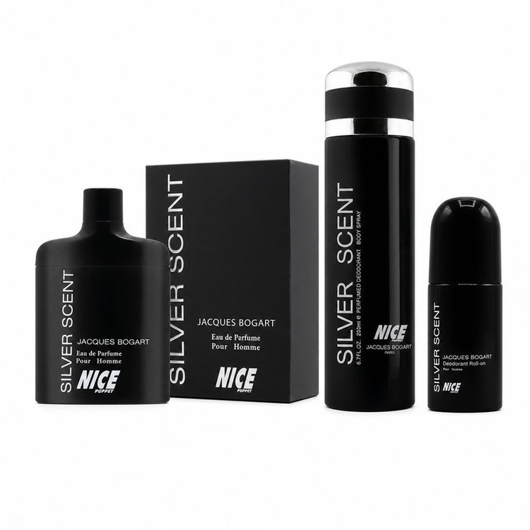 ست ادوپرفیوم مردانه نایس پاپت مدل Silver Scent SET با رایحه گرم و چوبی حجم 85 میلی لیتر و اسپری مردانه نایس پاپت مدل Silver Scent با رایحه گرم و شرقی حجم 200 میلی لیتر و رول دئودورانت مردانه نایس پاپت مدل Silver Scent با رایحه گرم و شیرین حجم 60 میلی لیتر