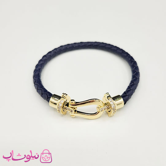 دستبند زنانه برند فرد Fred مدل چرم مشکی با قفل طلایی نگیندار استیل کیفیت مستر کد 680